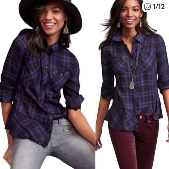 CAbi Plaid Moody Peplum Hem Long Sleeve Button Multicolor Medium - Picture 4 of 6